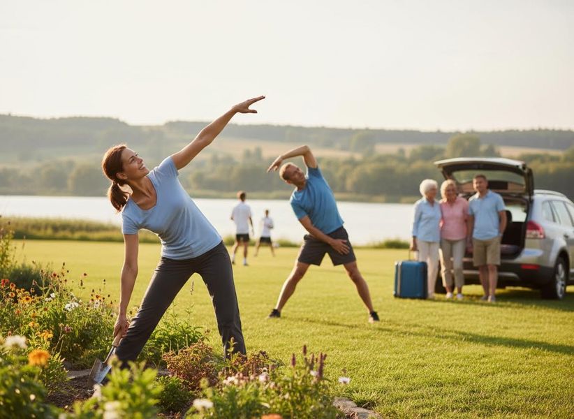 Multi-generational family exercising and preparing for a trip by a lake