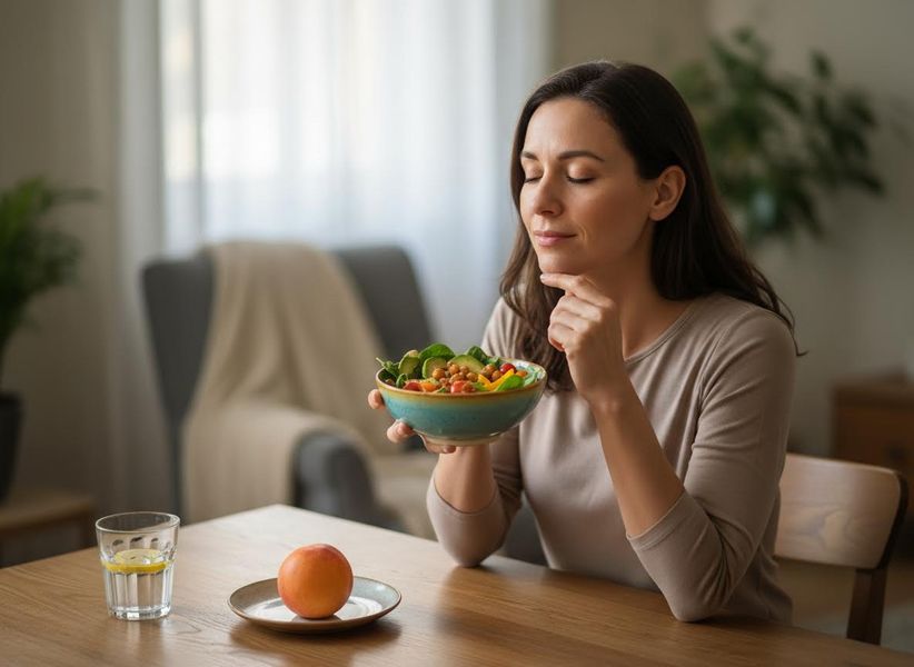A woman with closed eyes and a gentle smile, holding a colorful bowl of fresh salad. A peach and water with lemon are on the table. Woman Mindfully Enjoying a Fresh Salad