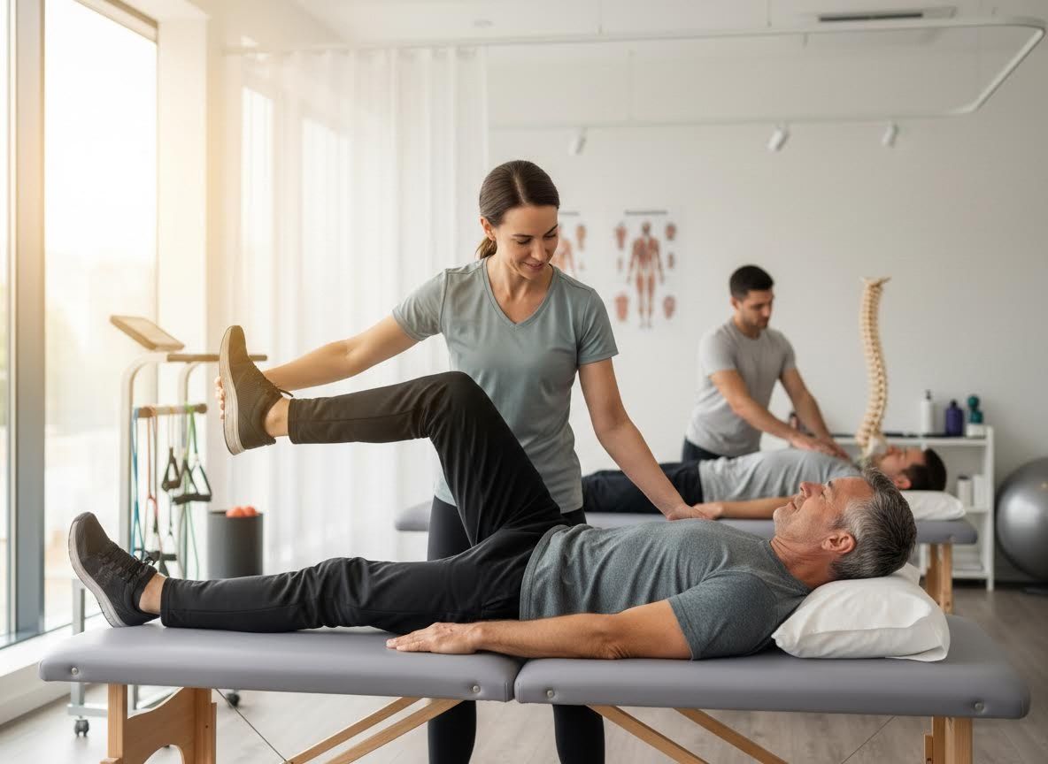 Physiotherapy session with a female therapist assisting a male patient with leg exercises