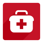 white medical bag icon on red square