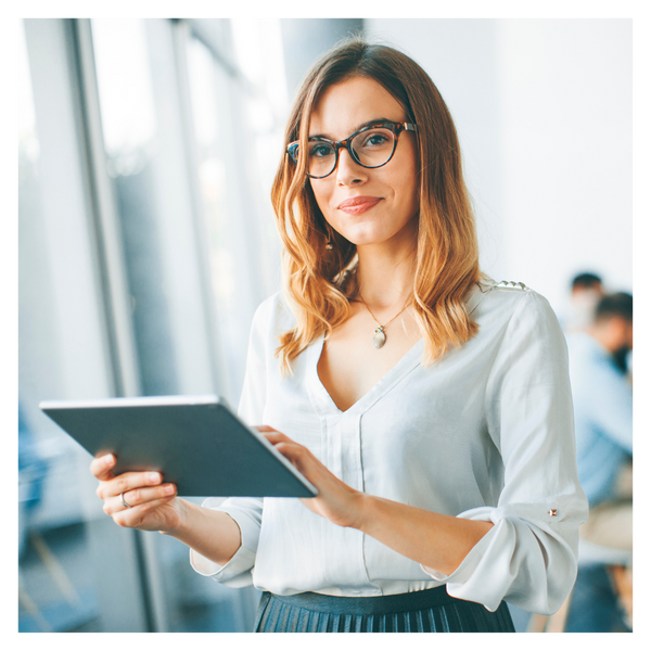 woman holding a tablet. 