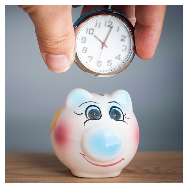 mini piggy bank and clock. 