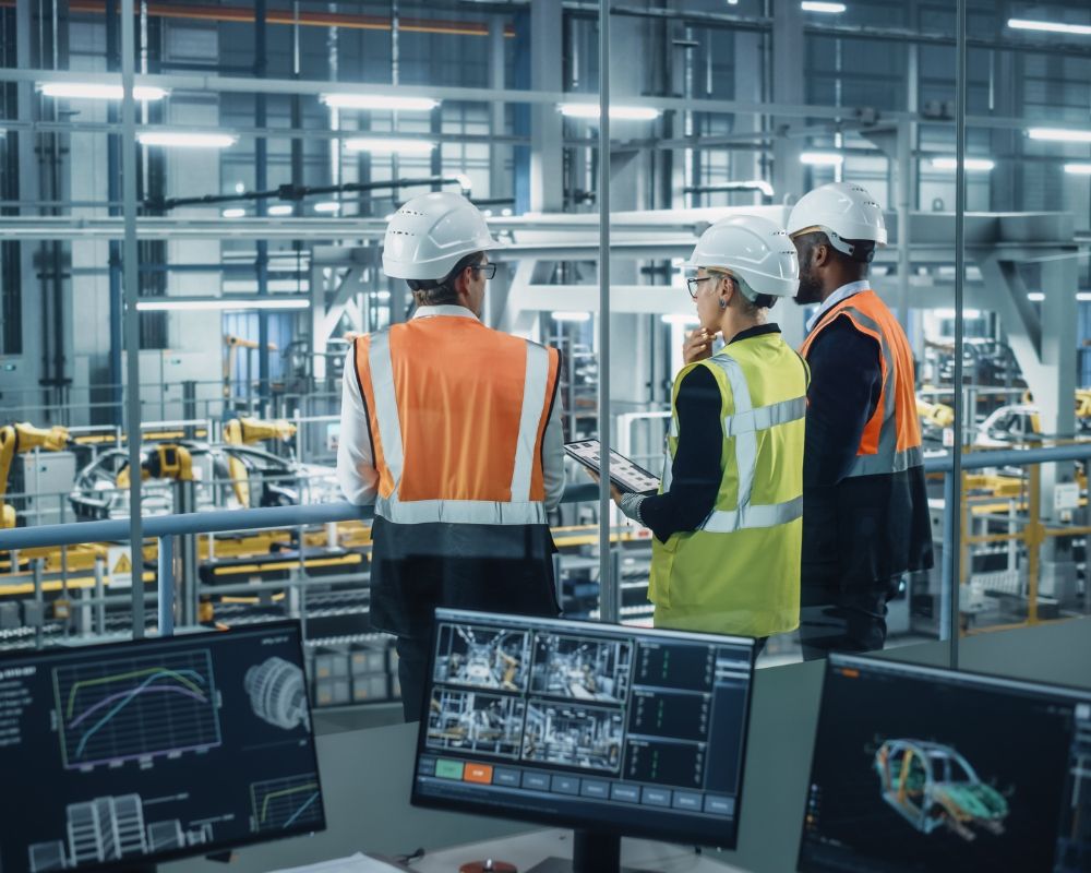 Three engineers in a car manufacturing plant