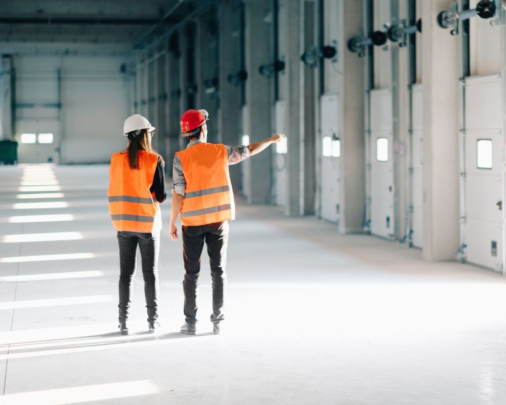 Two workers in hardhats in a warehouse