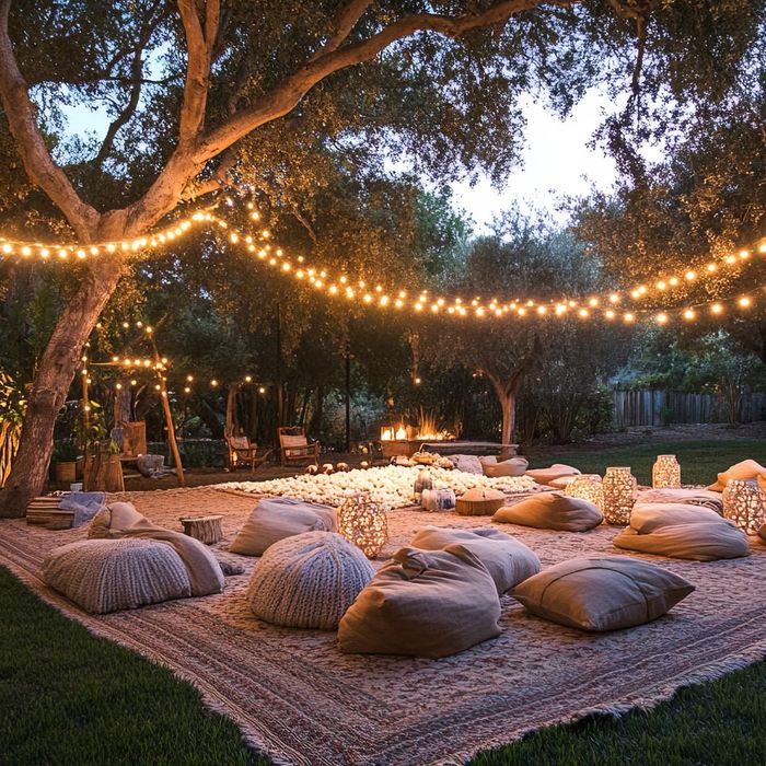 relaxation area at summer outdoor party with blanket and bean bags relaxation area at summer outdoor party with blanket and bean bags