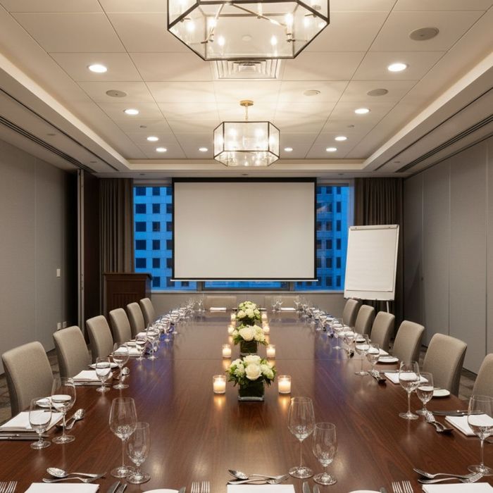 A formal boardroom is meticulously set with place settings, floral centerpieces, and candles around a long polished wooden table, facing a projector screen and whiteboard. A formal boardroom is meticulously set with place settings, floral centerpieces, and candles around a long polished wooden table, facing a projector screen and whiteboard.