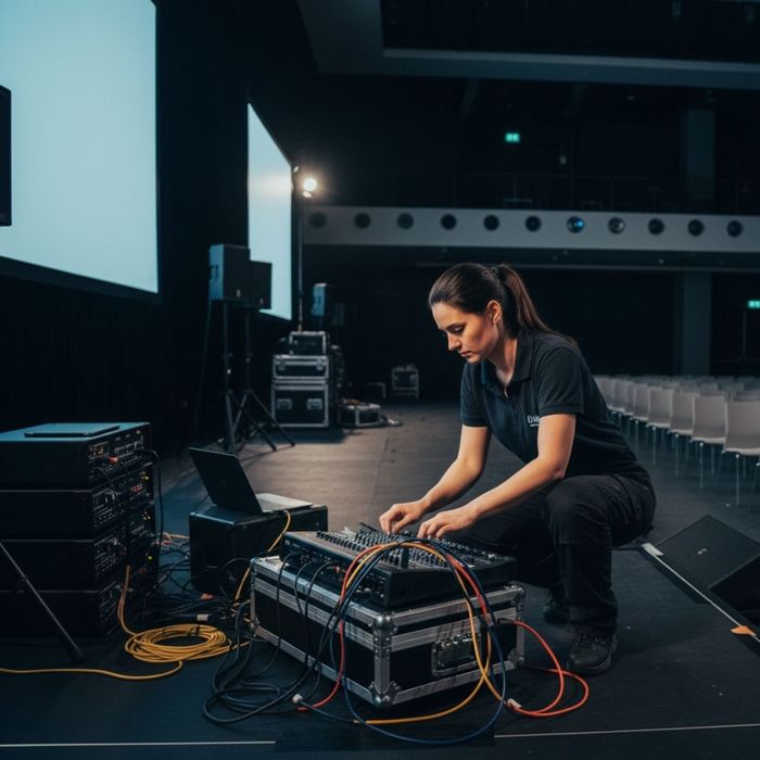 Technician setting up audiovisual equipment in an event space Technician setting up audiovisual equipment in an event space