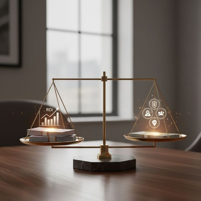 Conceptual image balancing financial returns (ROI) against strategic brand objectives (ROO) on an abstract scale