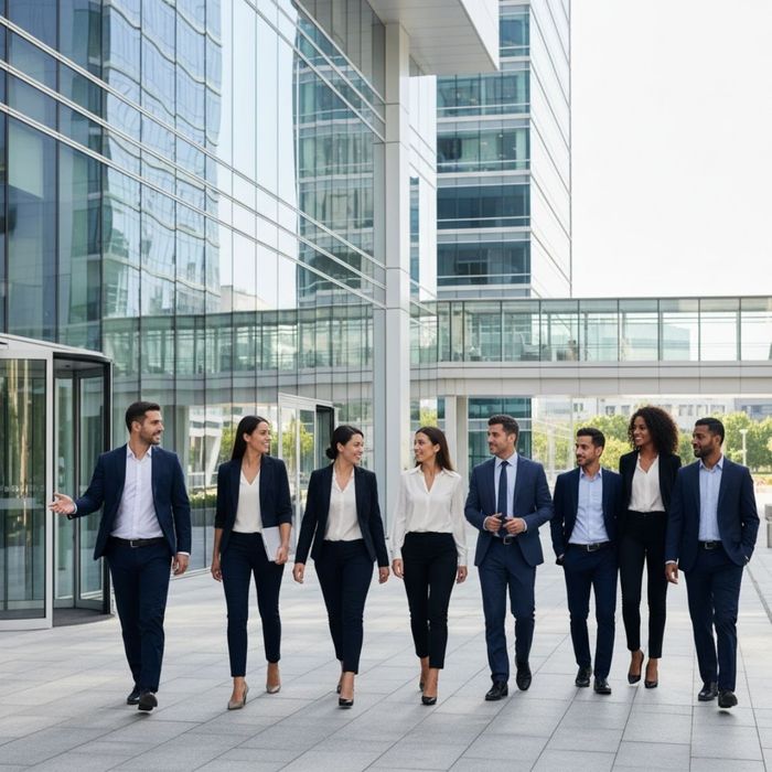 A group of diverse business professionals walk and chat together outside a modern glass office building. A group of diverse business professionals walk and chat together outside a modern glass office building.