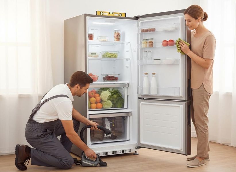 A man vacuums the bottom of an open refrigerator while a woman cleans the door, showing appliance maintenance and organization. Refrigerator Maintenance and Cleaning