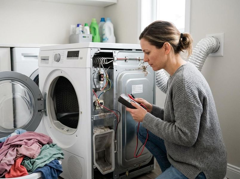 A woman uses a multimeter to troubleshoot an open dryer in a laundry room, with a pile of clothes nearby. Woman repairing dryer with multimeter