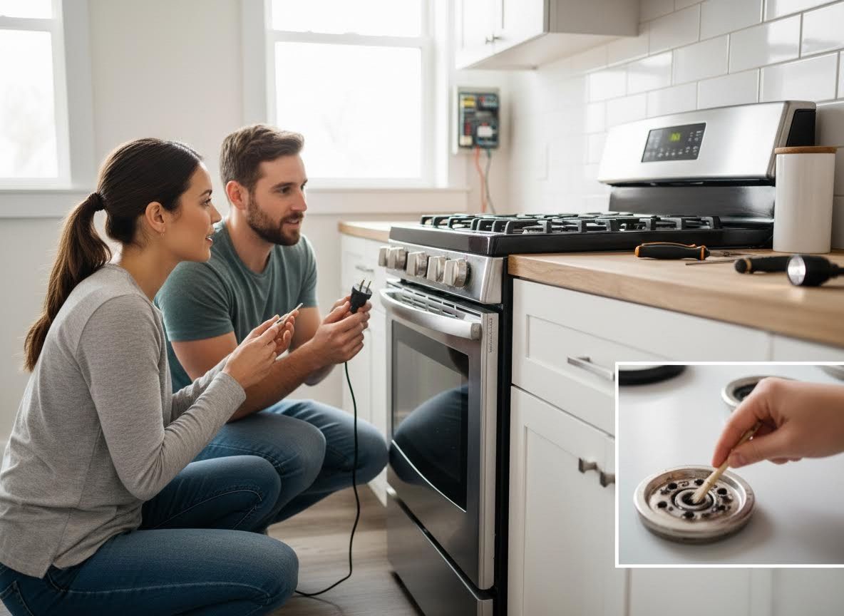 Couple Installing or Repairing Kitchen Stove