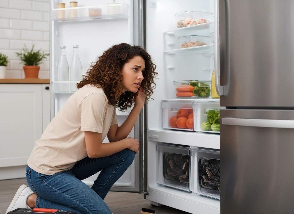 Woman Inspecting Refrigerator with Concerned Expression