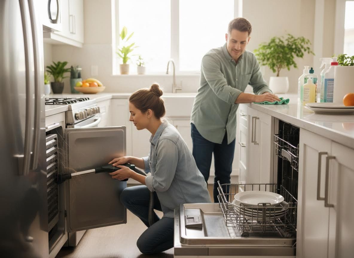 Couple cleaning kitchen appliances and counters
