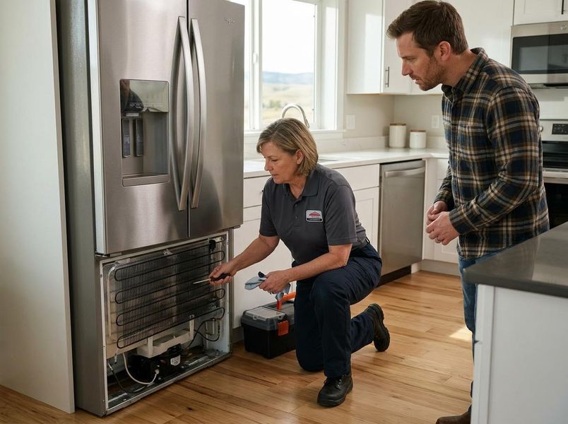 A female appliance technician in uniform kneels, fixing the back coils of a stainless steel refrigerator as a male customer watches in a modern kitchen. Appliance Technician Repairs Refrigerator