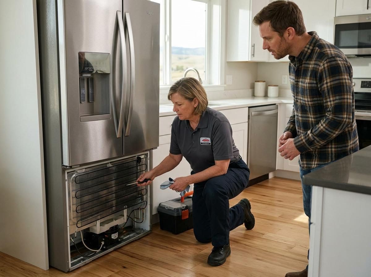 Appliance Technician Repairs Refrigerator