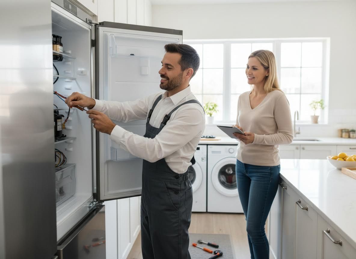 Appliance technician repairing a refrigerator in a kitchen
