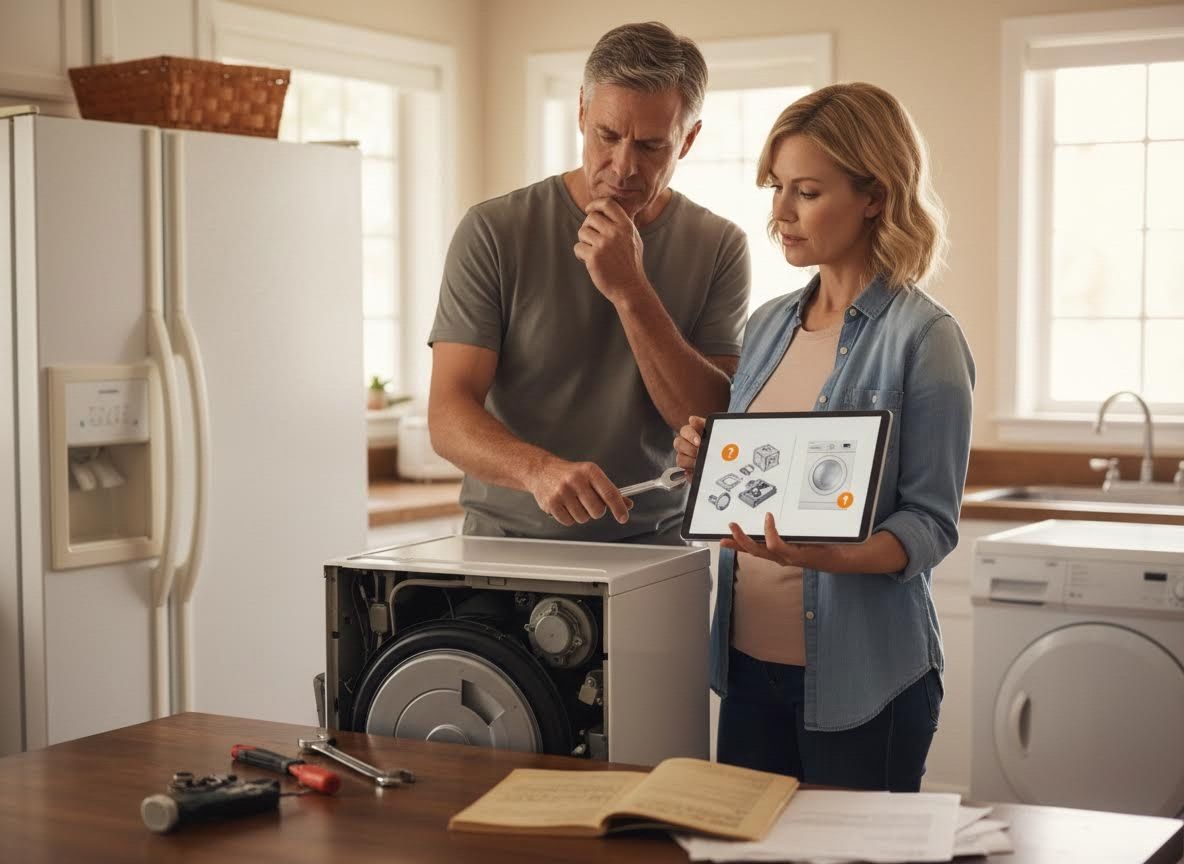 Couple Repairing Washing Machine with Digital Guide