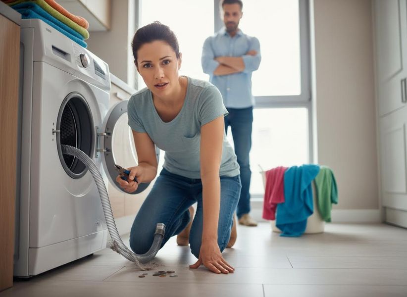 Frustrated woman fixes a washing machine, finding coins and debris on the floor, with a man observing in the background. Couple's washing machine dilemma