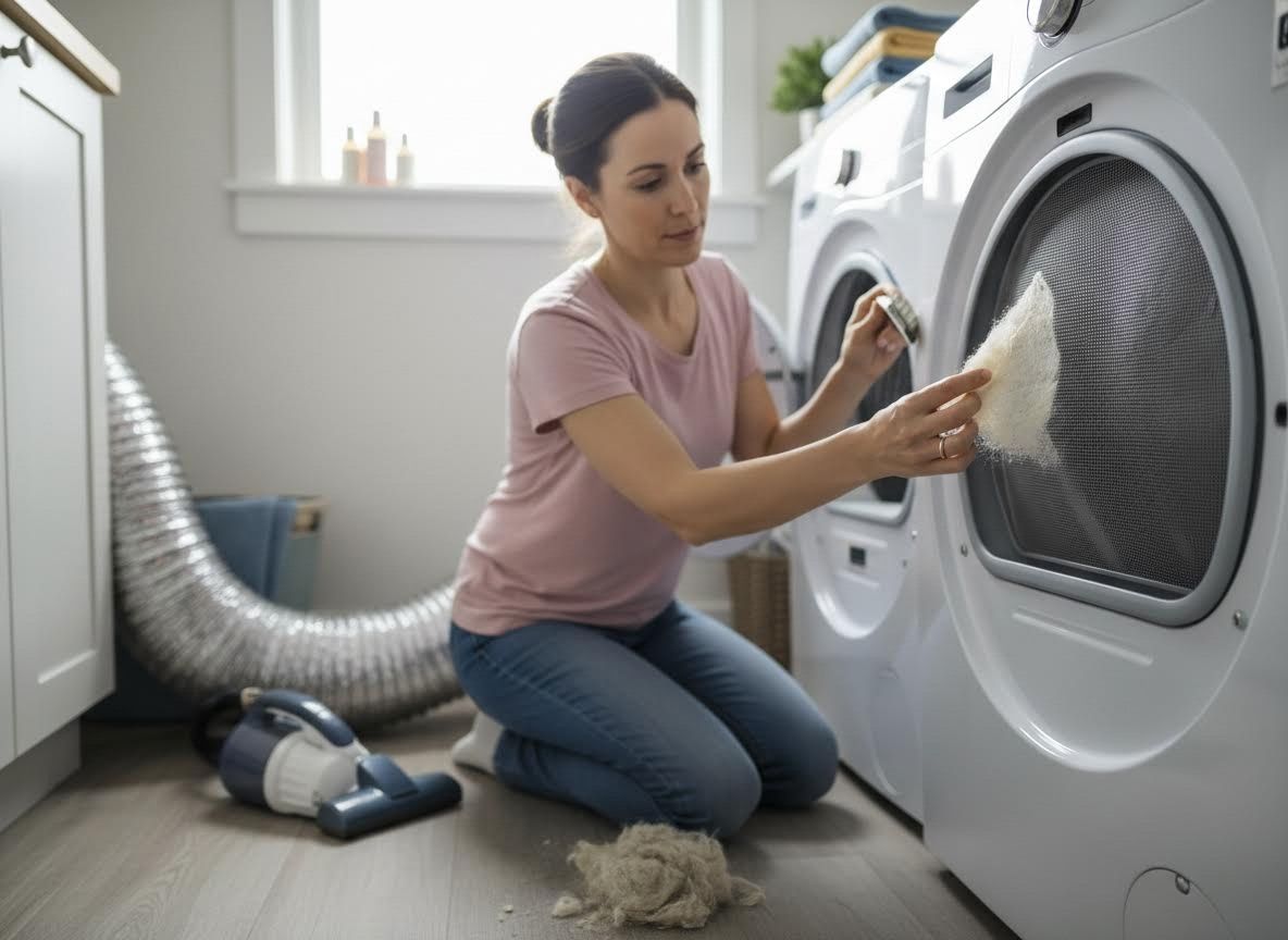 Woman Cleaning Dryer Lint Trap in Laundry Room