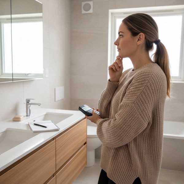 A woman holding a calculator stands thoughtfully in a newly renovated bathroom, looking towards the window. thinking.jpg