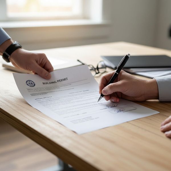 Hands are shown close-up signing official construction permit documents on a simple wooden desk. buildingpermit.jpg