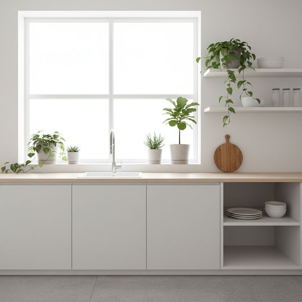 A minimalist white kitchen features light wood countertops and shelving, with potted plants adding greenery under a large window. plates.jpg