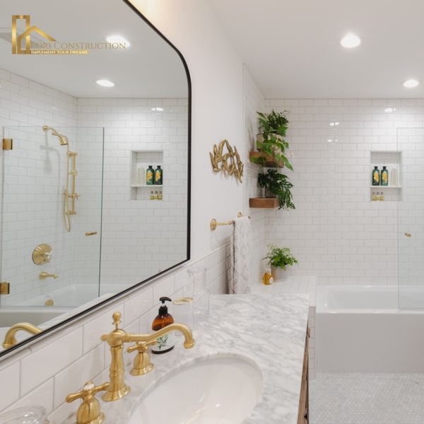 image of a bathroom with a giant mirror