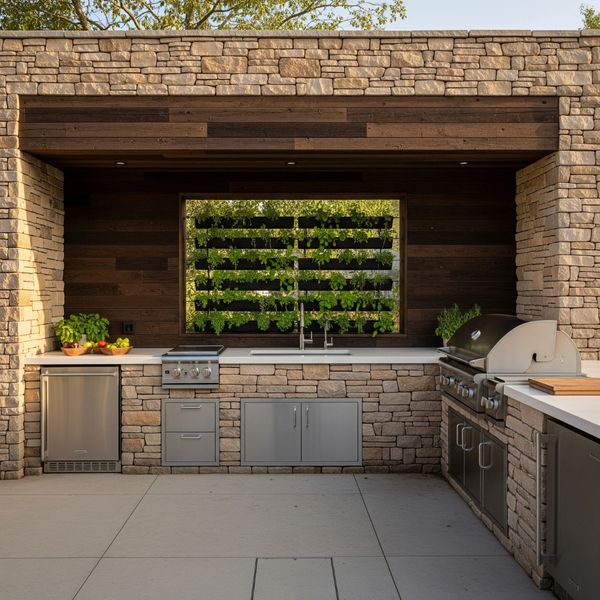 A beautiful outdoor kitchen featuring a vertical herb garden and natural materials.