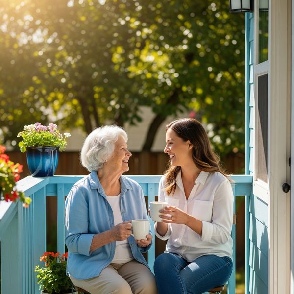 An elderly mother and her adult daughter enjoying coffee together on the porch of a backyard ADU