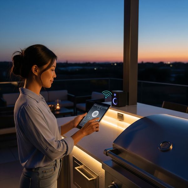 A person using a tablet to control smart features in their high-tech outdoor kitchen