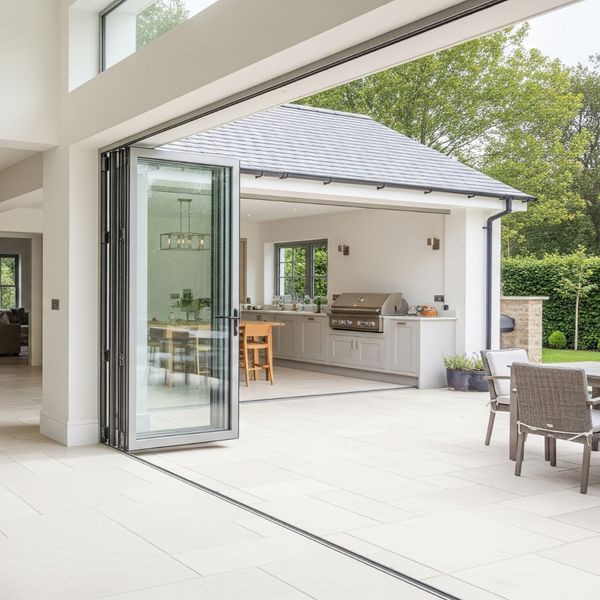 Large glass bi-fold doors creating a seamless flow between the house and an outdoor kitchen