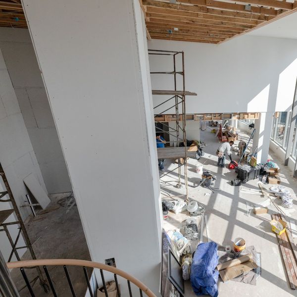 aerial view of interior construction, new support structure in dwelling