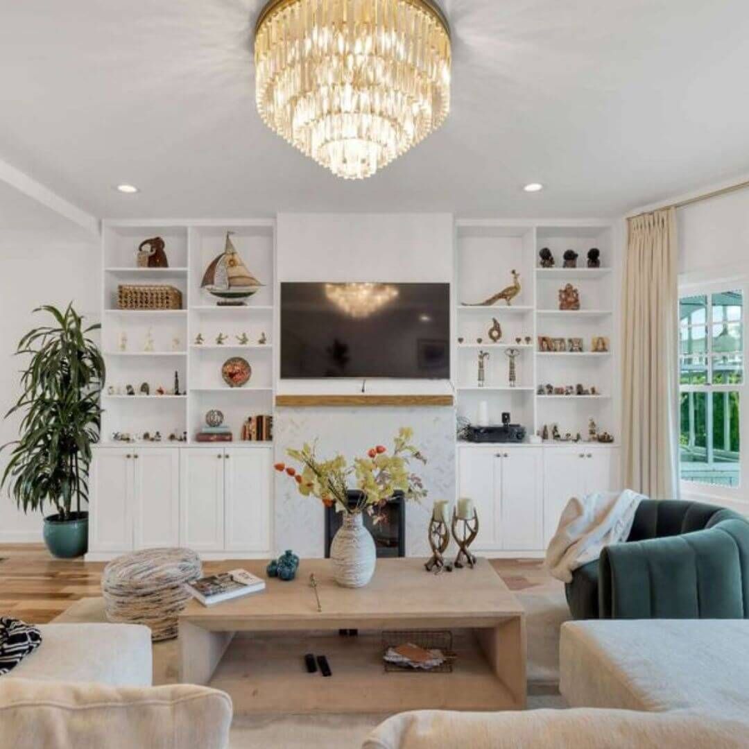 remodeled living room with chandelier 