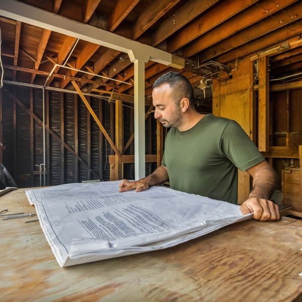 contractor examining plans in basement, structural supports visible