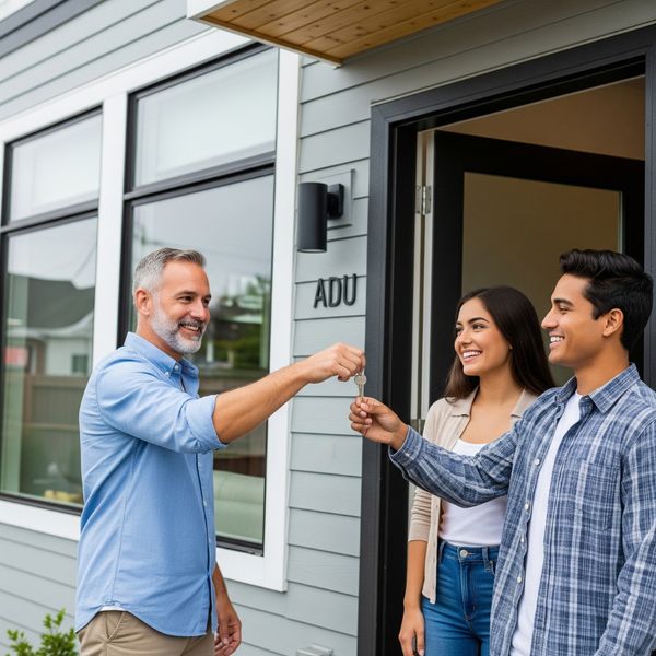 A happy young couple receiving keys from a landlord in front of a stylish ADU.