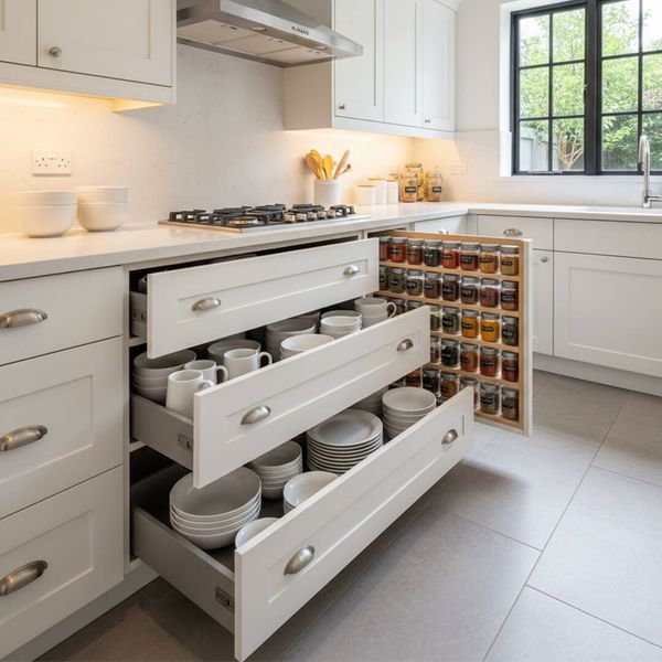 A kitchen features white cabinetry with open drawers revealing neatly stacked dishes and a pull-out pantry filled with spices. spicerack.jpg