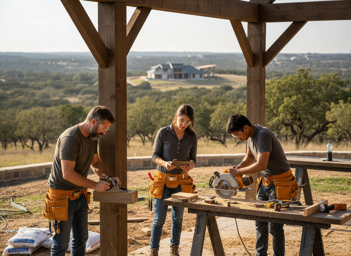 Construction crew working on wood outdoors
