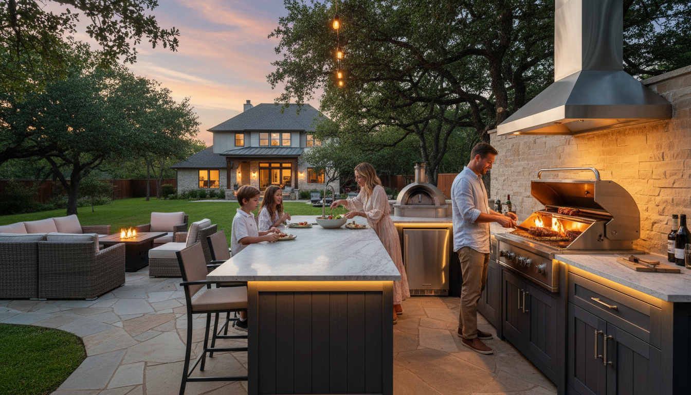 A family uses a luxury outdoor kitchen with grill, pizza oven, and dining area at dusk, next to a fire pit and comfortable seating. Family Enjoying Modern Outdoor Kitchen and Patio at Sunset