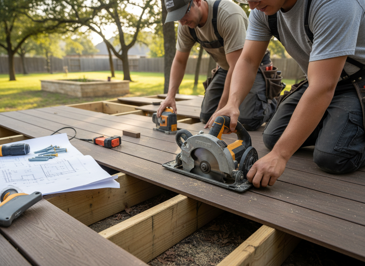 Two construction workers building a composite deck