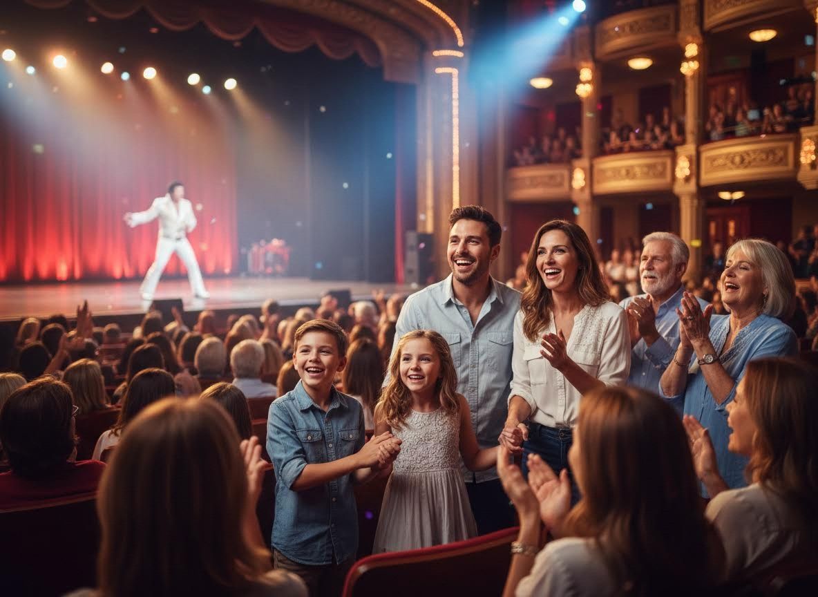 A family and audience members clapping and cheering at a live performance in a theater.
