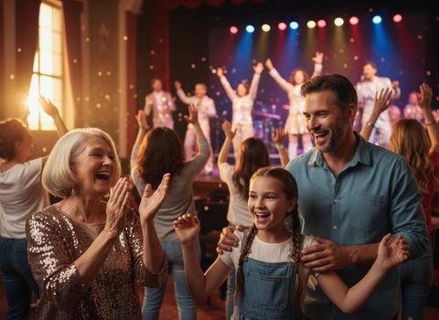 A multi-generational audience, including an older woman, man, and young girl, cheer and clap at a vibrant live performance with performers on stage. Joyful Audience at a Stage Show