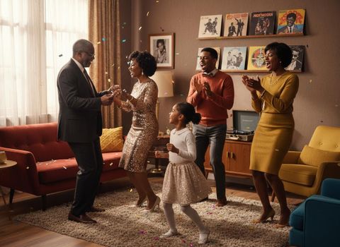An African American family of five, including grandparents, parents, and a child, dancing and clapping amidst falling confetti in a retro-style living room. A multi-generational family celebrating with confetti