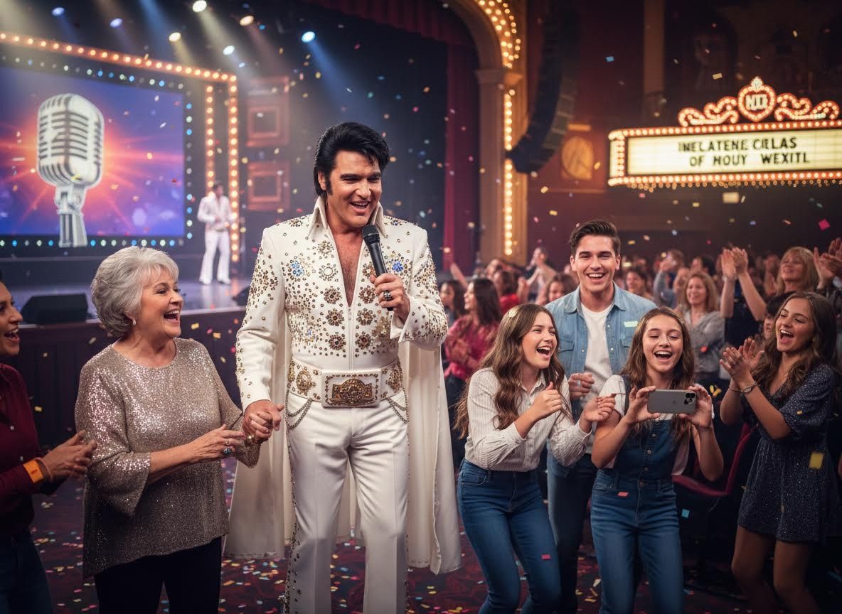 Elvis Impersonator Interacts with Cheering Fans at a Live Show