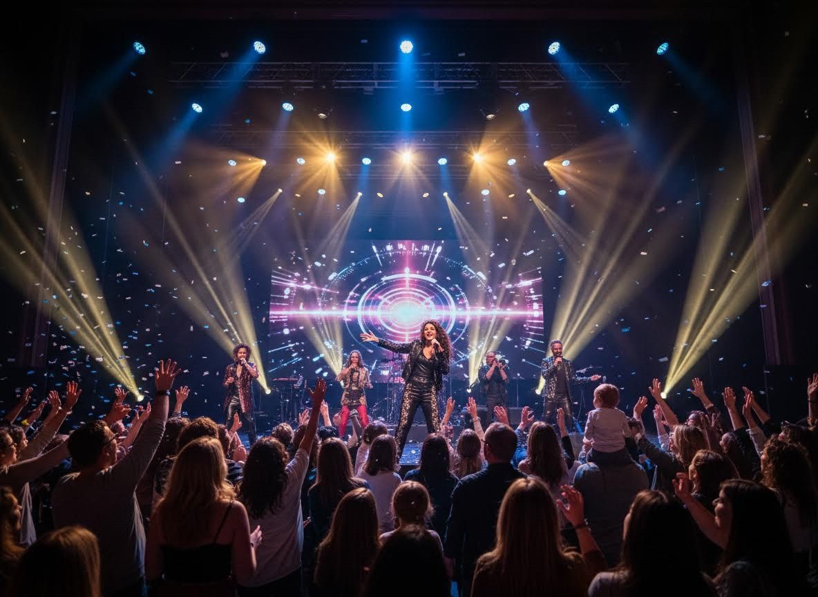 Live Band Concert with Cheering Audience and Confetti