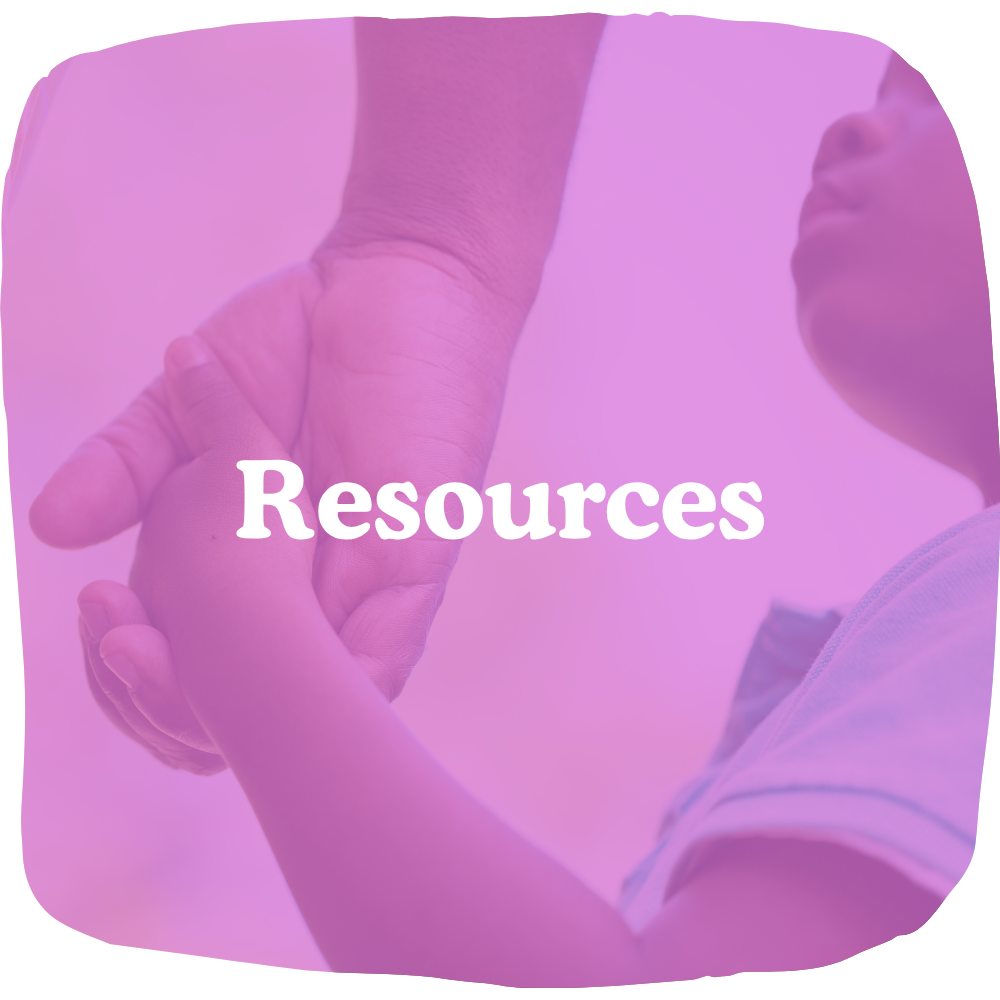 parent holding a child's hand with the word "resources" over it.