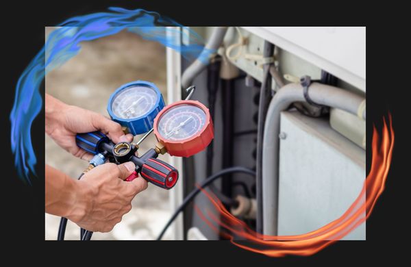 HVAC technician using a gauge on a unit