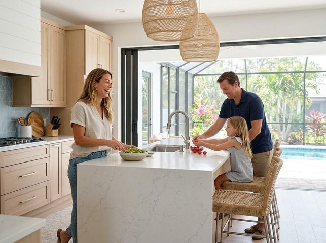A smiling family of three, with a mother, father, and daughter, preparing food in a bright, modern kitchen with an outdoor view. Family happily preparing a meal in a modern kitchen