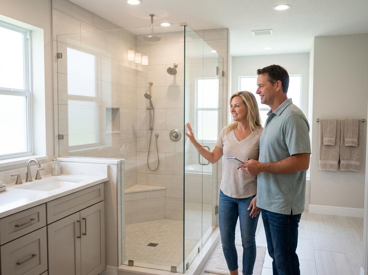 Couple reviewing a modern bathroom with glass shower