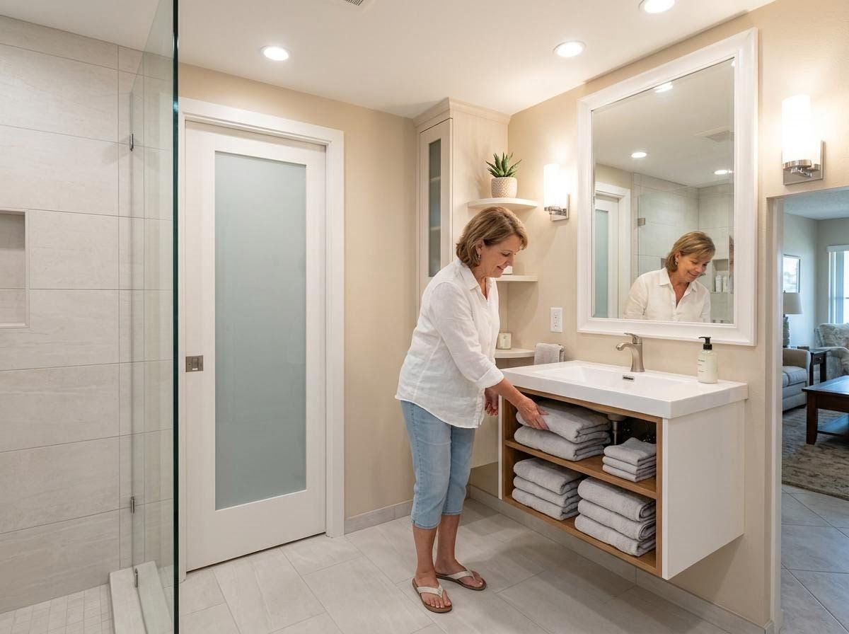 Woman organizing towels in a modern bathroom with floating vanity